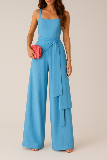 Women’s Jumpsuit – Linen Blend – Sleeveless – Wide Leg – Adjustable Waist – Full Length