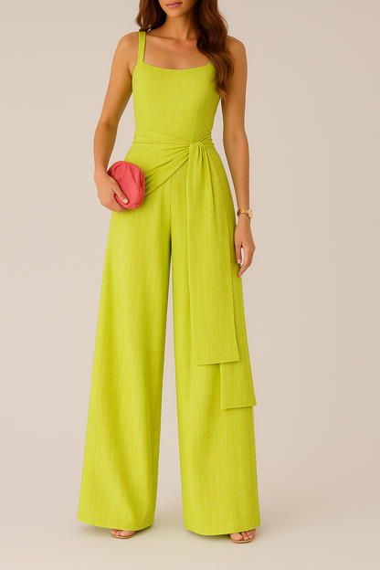 Women’s Jumpsuit – Linen Blend – Sleeveless – Wide Leg – Adjustable Waist – Full Length