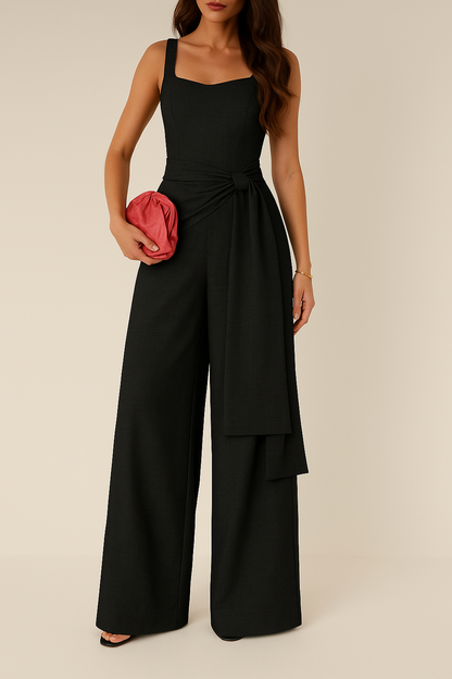 Women’s Jumpsuit – Linen Blend – Sleeveless – Wide Leg – Adjustable Waist – Full Length
