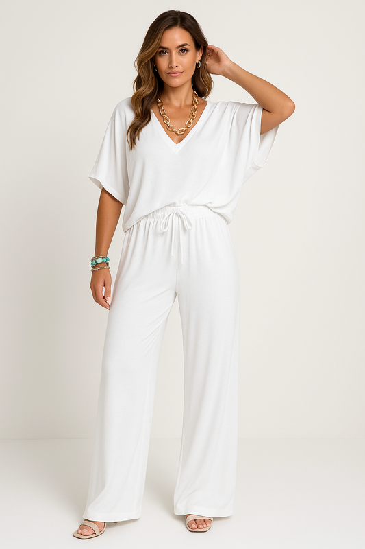 Women’s Lounge Set – Soft Cotton Blend – Relaxed Fit – V-Neck Batwing Top – Wide-Leg Pants