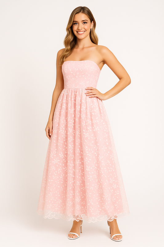 Women’s Evening Dress – Strapless – Embroidered Lace – Full-Length Flowy Fit