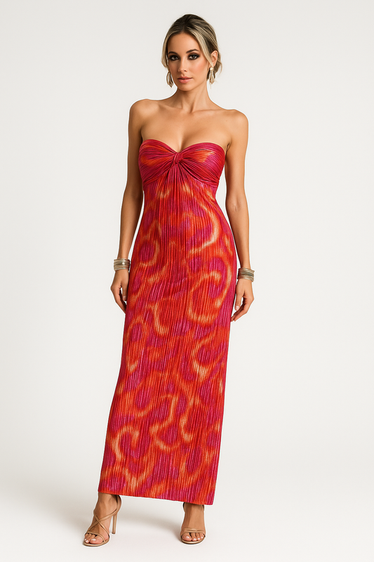 Women’s Strapless Maxi Dress – Slim Fit – Pleated Fabric – Abstract Print – Formal Wear