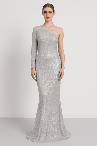 Women’s Evening Gown – One Shoulder – Sequined – Slim Fit – Mermaid Silhouette