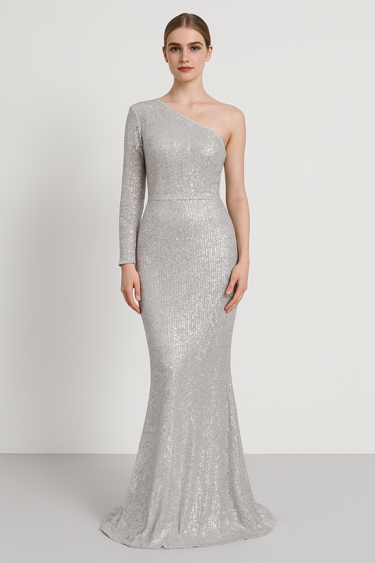 Women’s Evening Gown – One Shoulder – Sequined – Slim Fit – Mermaid Silhouette