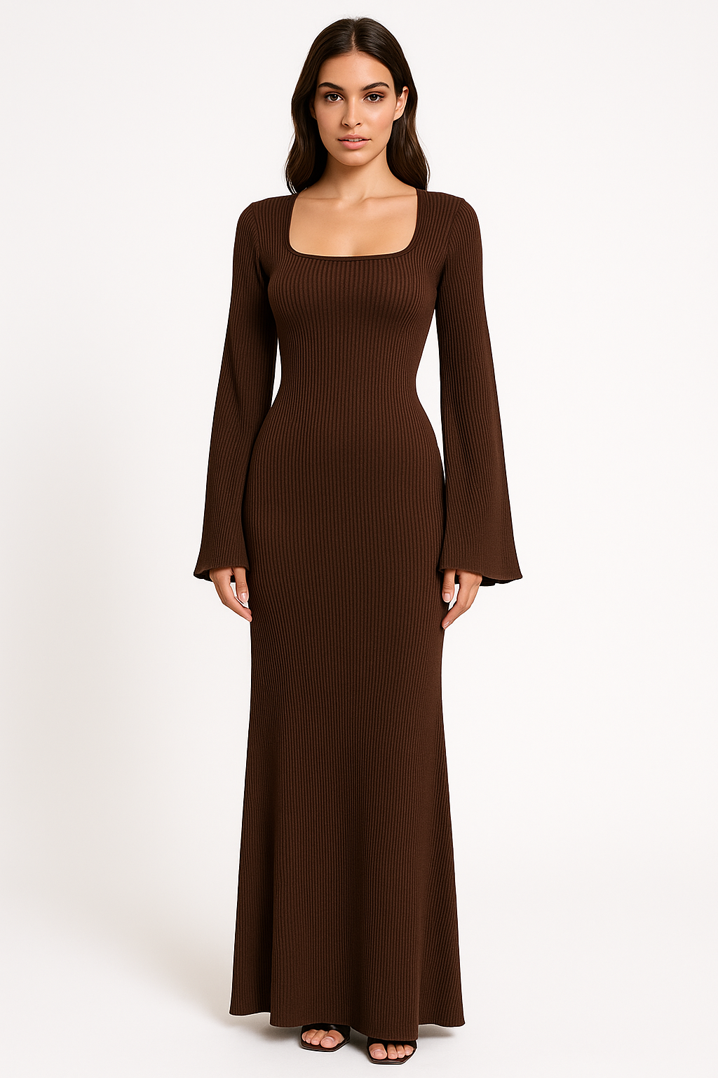 Women’s Long Sleeve Dress – Ribbed Knit – Fitted Silhouette – Square Neck – Bell Sleeves