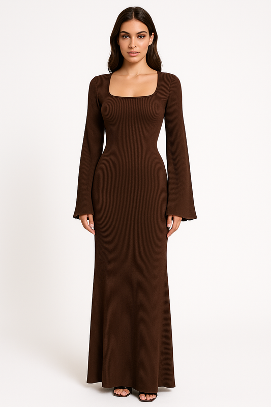 Women’s Long Sleeve Dress – Ribbed Knit – Fitted Silhouette – Square Neck – Bell Sleeves