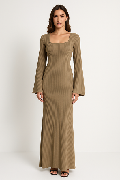Women’s Long Sleeve Dress – Ribbed Knit – Fitted Silhouette – Square Neck – Bell Sleeves