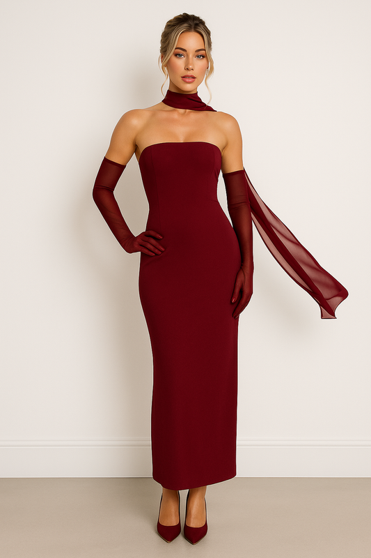 Women’s Evening Gown – Strapless Slim Fit – Satin Look – Mesh Sleeves and Scarf