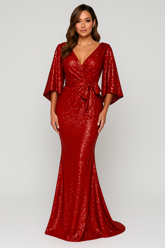 Women’s Evening Gown – Sequin Embellished – Mermaid Fit – Deep V-Neck – Floor Length