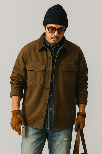 Men’s Workwear Jacket – Canvas Fabric – Loose Fit – Button Front – Utility Pockets