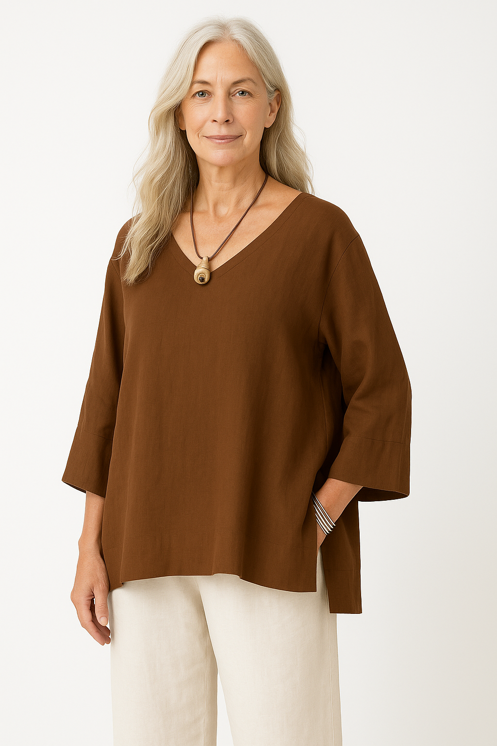 Women’s V-Neck Top – Cotton Linen Blend – Loose Fit – 3/4 Sleeve – Side Slit Casual
