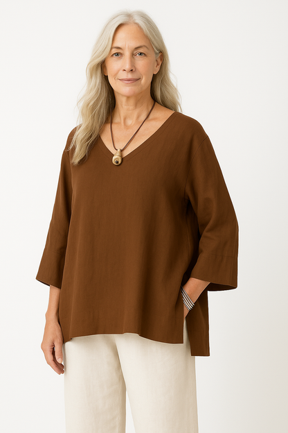 Women’s V-Neck Top – Cotton Linen Blend – Loose Fit – 3/4 Sleeve – Side Slit Casual