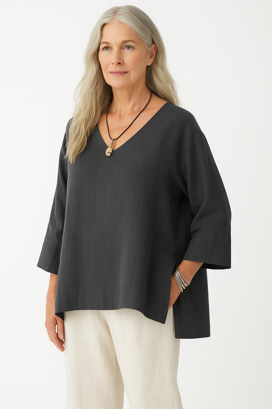 Women’s V-Neck Top – Cotton Linen Blend – Loose Fit – 3/4 Sleeve – Side Slit Casual