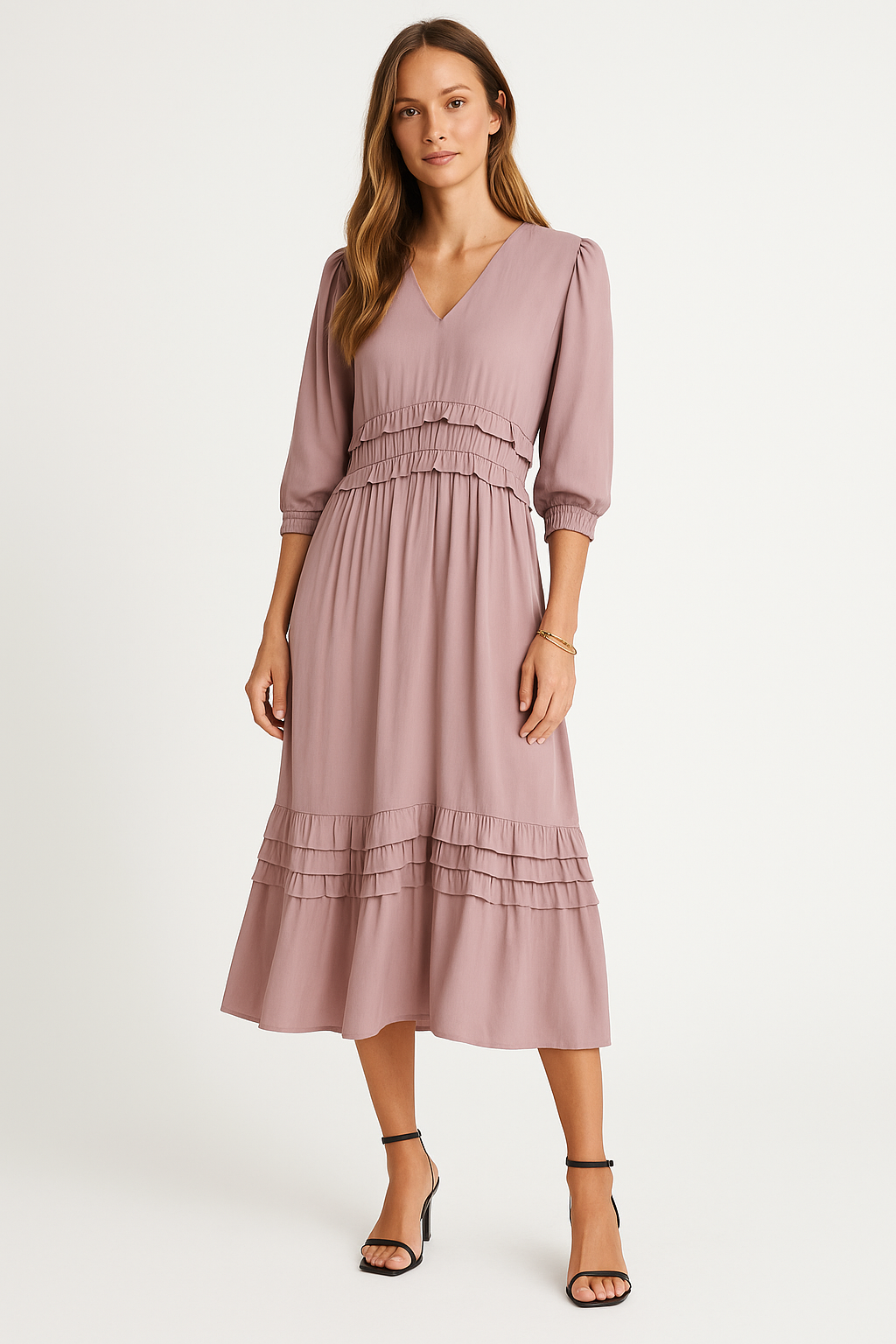 Women’s Midi Dress – Cotton Blend – V-Neck – Long Sleeve – Relaxed Fit – Tiered Hem