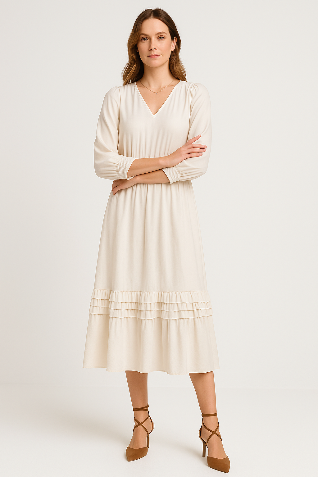 Women’s Midi Dress – Cotton Blend – V-Neck – Long Sleeve – Relaxed Fit – Tiered Hem