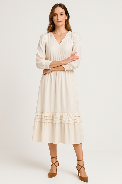 Women’s Midi Dress – Cotton Blend – V-Neck – Long Sleeve – Relaxed Fit – Tiered Hem