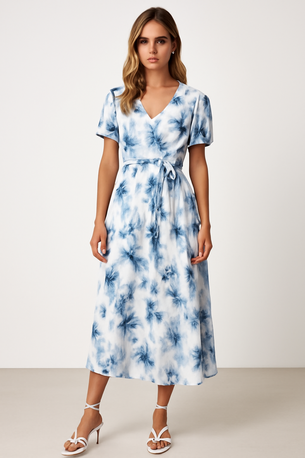 Women’s Midi Dress – V-Neck – Puff Sleeve – Tie Waist – Flared Silhouette – Lightweight