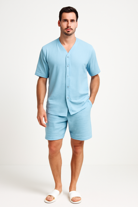 Men’s Two-Piece Set – Cotton Relaxed Fit V-Neck Shirt and Elastic Waist Shorts