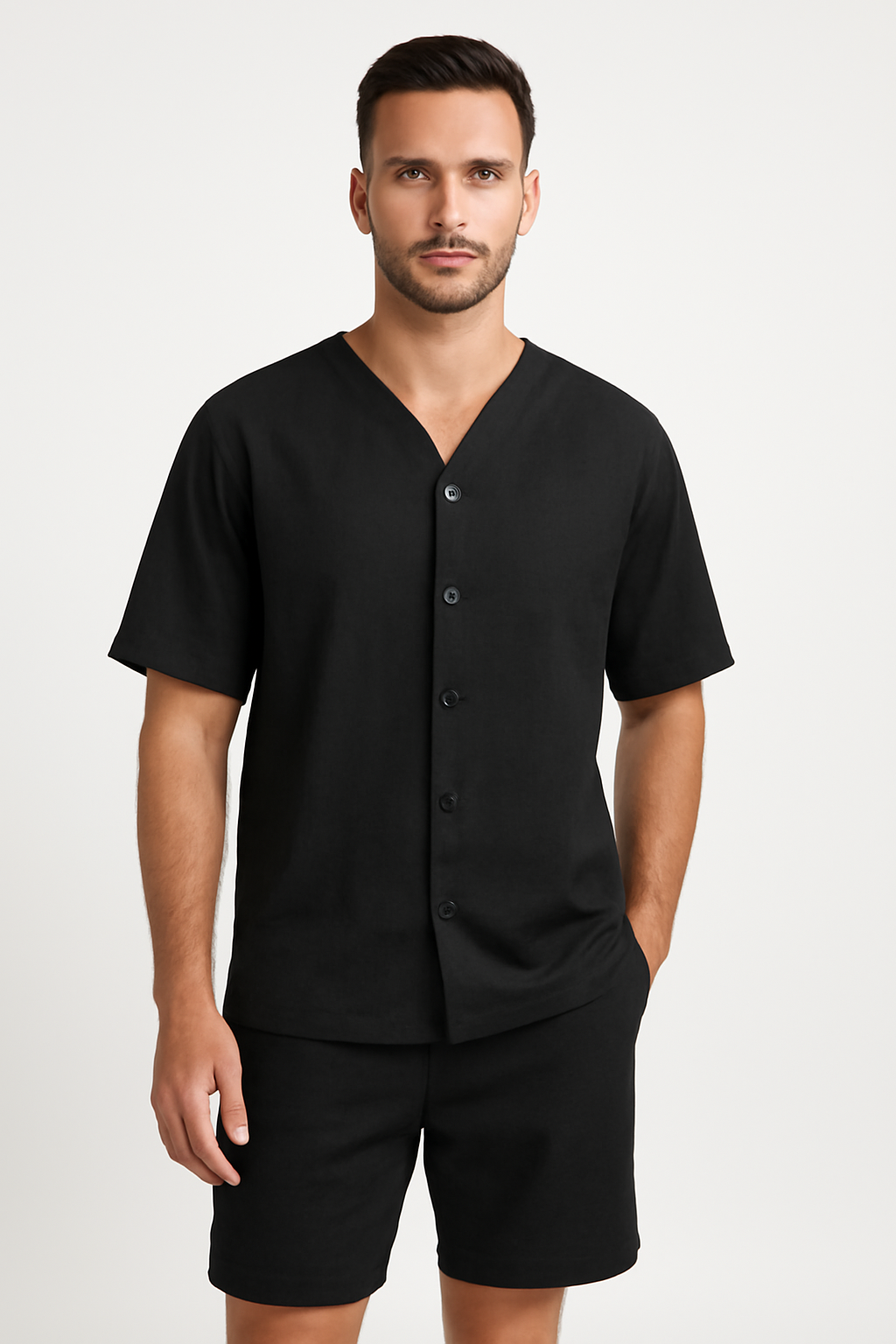 Men’s Two-Piece Set – Cotton Relaxed Fit V-Neck Shirt and Elastic Waist Shorts