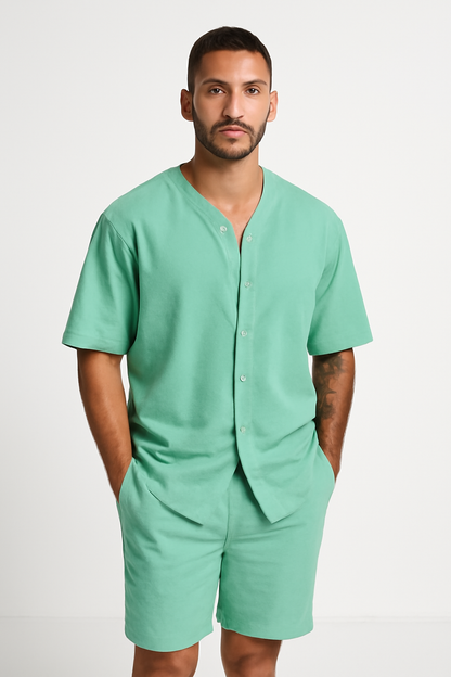 Men’s Two-Piece Set – Cotton Relaxed Fit V-Neck Shirt and Elastic Waist Shorts