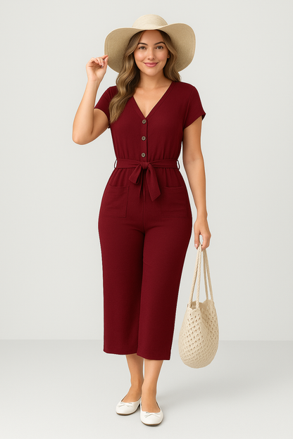 Women’s Jumpsuit – Lightweight Cotton Blend – V-Neck – Belted Waist – Short Sleeve