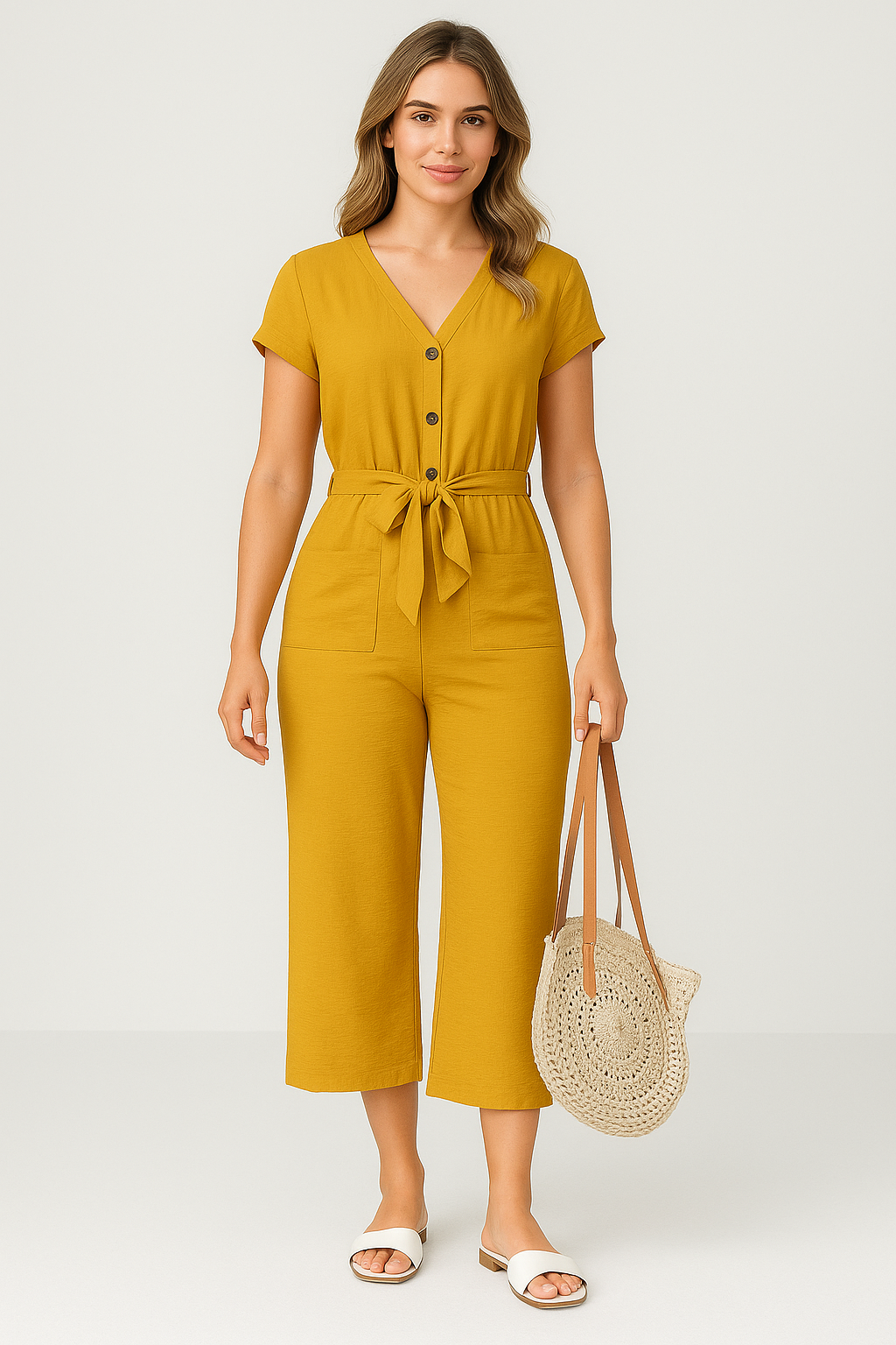 Women’s Jumpsuit – Lightweight Cotton Blend – V-Neck – Belted Waist – Short Sleeve