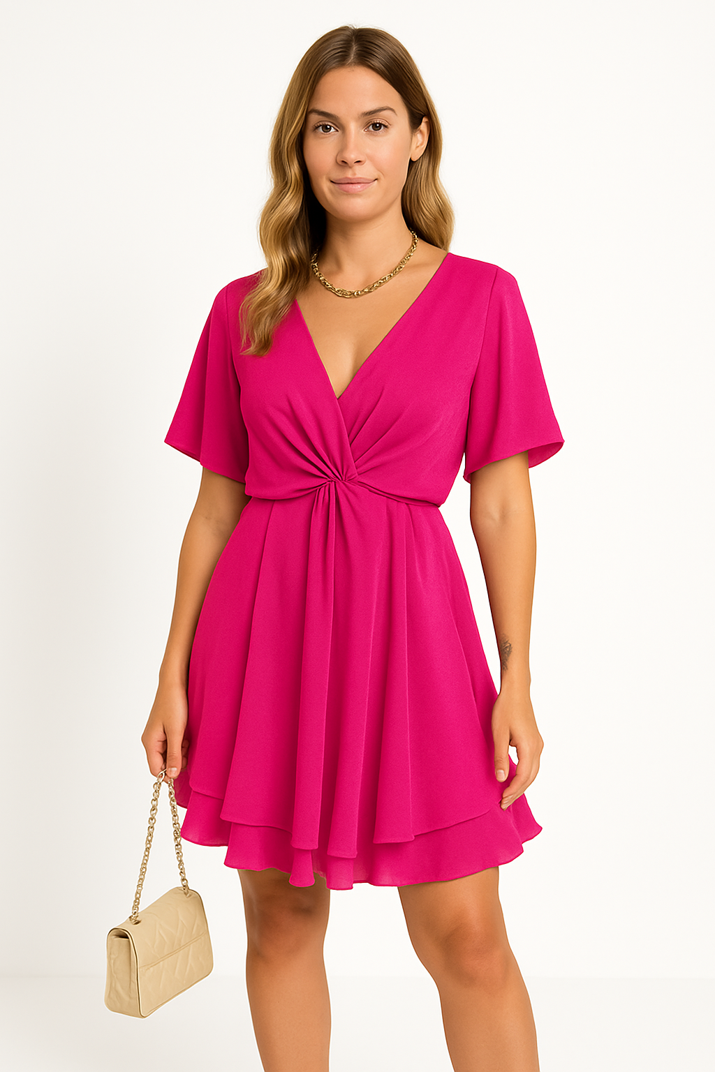 Women’s Dress – Relaxed Fit – Batwing Sleeves – V-Neck – Asymmetrical Hem – Knot Front