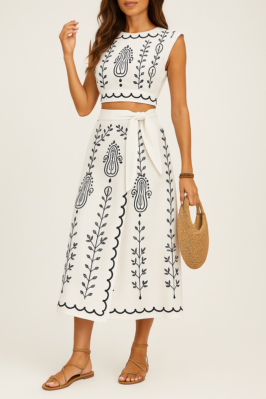 Women’s Two-Piece Set – Embroidered Sleeveless Crop Top & Wrap Midi Skirt – Breathable Fabric