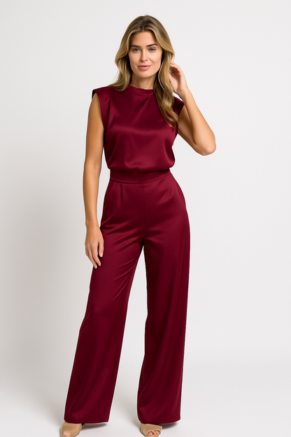 Women’s Jumpsuit – Satin Finish – Wide Leg – High Neck – Sleeveless – Open Back