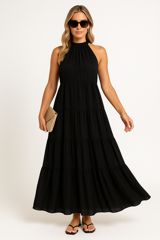 Women’s Halter Dress – Lightweight Fabric – Tiered Skirt – Full Length – Relaxed Fit