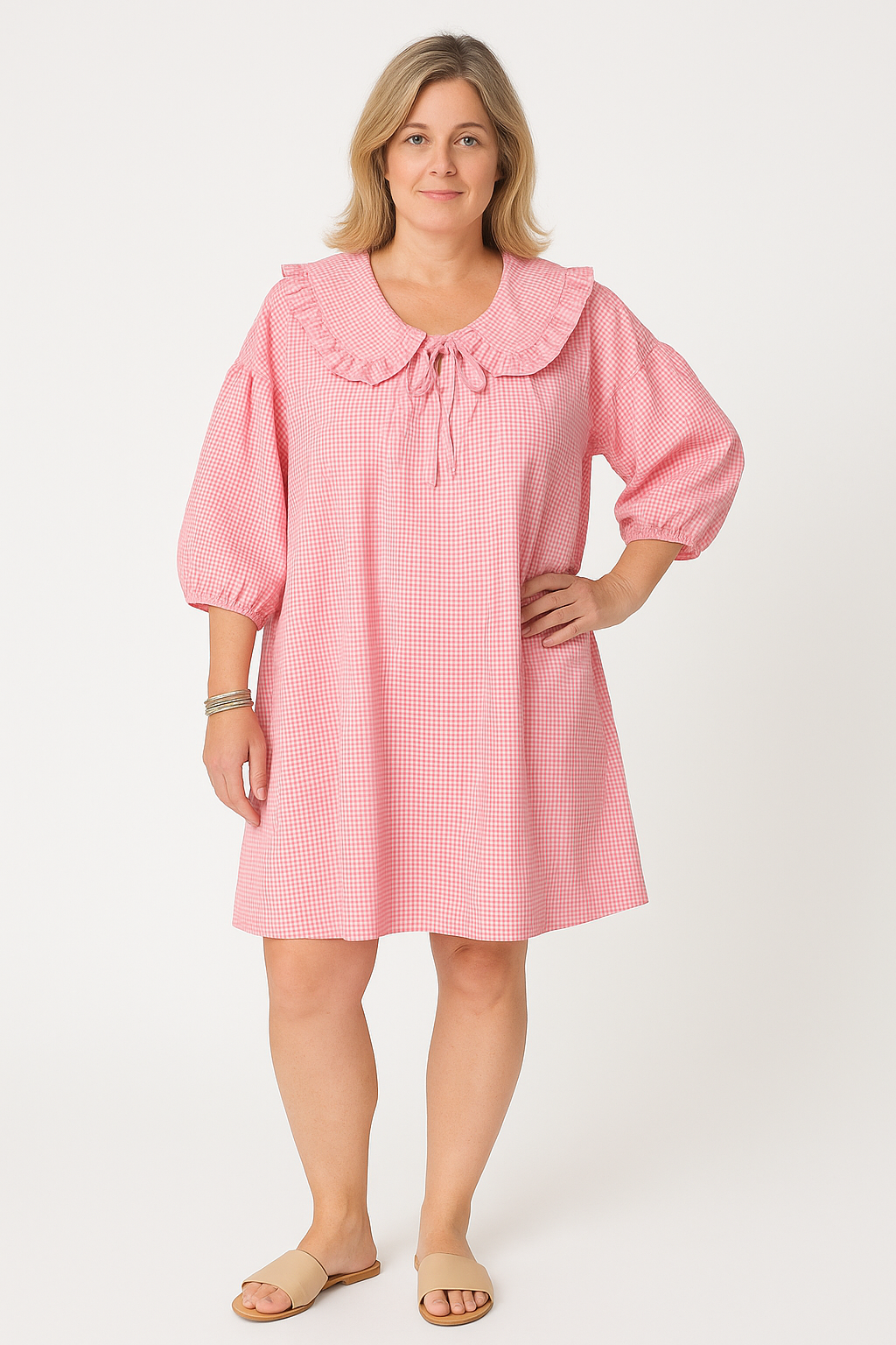 Women’s A-Line Dress – Cotton Checkered – Ruffled Collar – Balloon Sleeve – Short Length