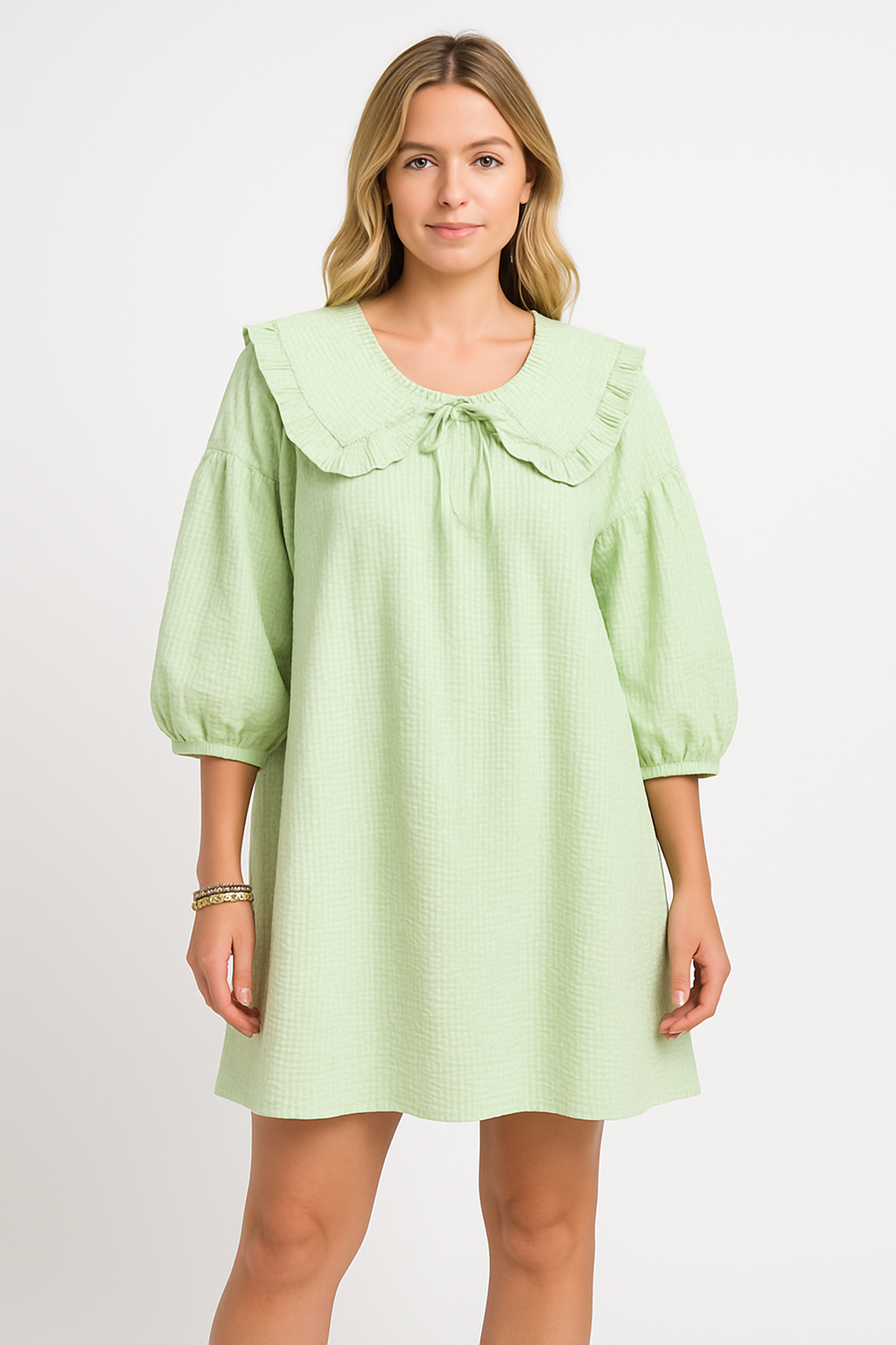 Women’s A-Line Dress – Cotton Checkered – Ruffled Collar – Balloon Sleeve – Short Length