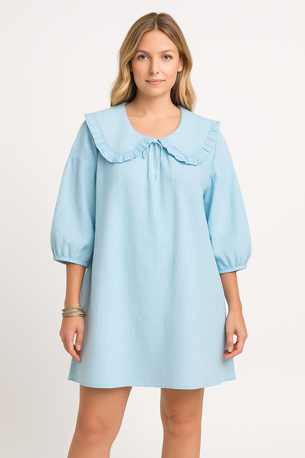 Women’s A-Line Dress – Cotton Checkered – Ruffled Collar – Balloon Sleeve – Short Length