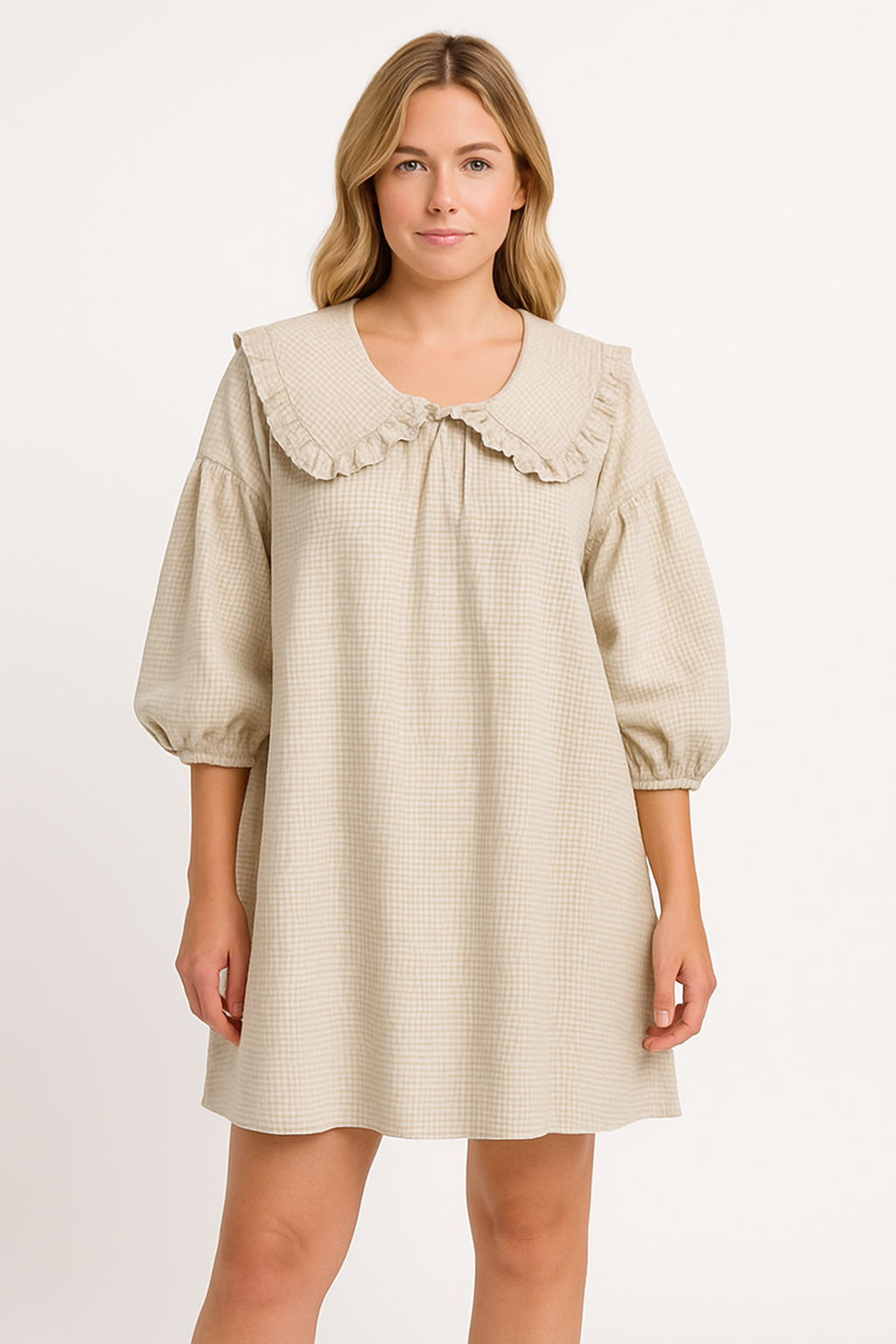 Women’s A-Line Dress – Cotton Checkered – Ruffled Collar – Balloon Sleeve – Short Length