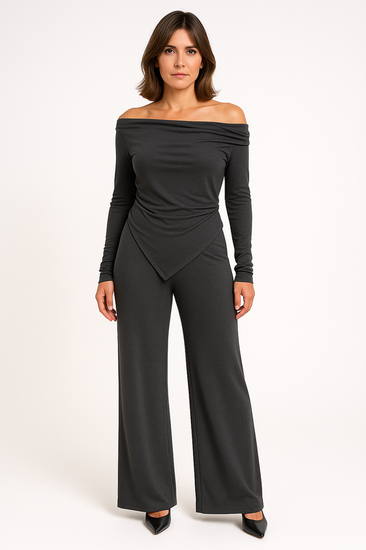 Women’s Knit Set – Off-Shoulder Asymmetrical Top – Wide-Leg Stretch Pants