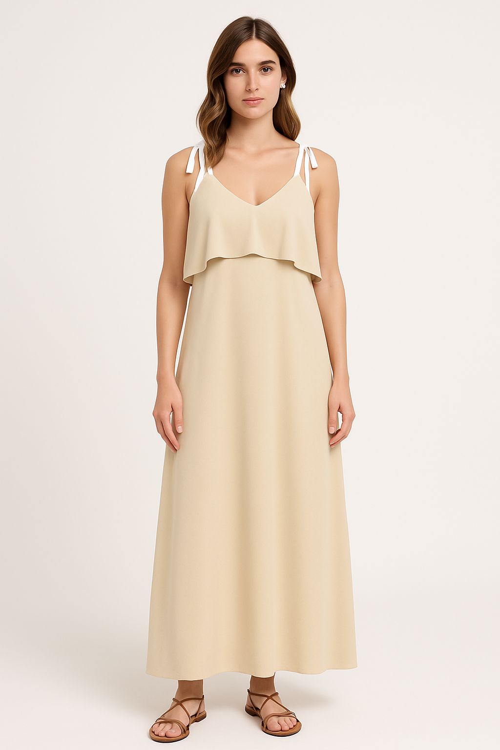 Women’s Sleeveless Dress – Loose Fit – Tie Straps – Ruffle Detail – Full Length Casual Wear