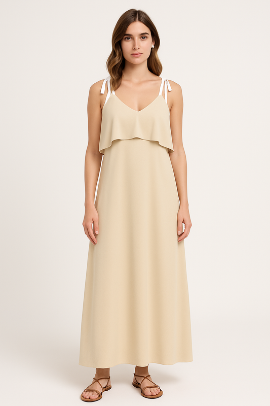 Women’s Sleeveless Dress – Loose Fit – Tie Straps – Ruffle Detail – Full Length Casual Wear