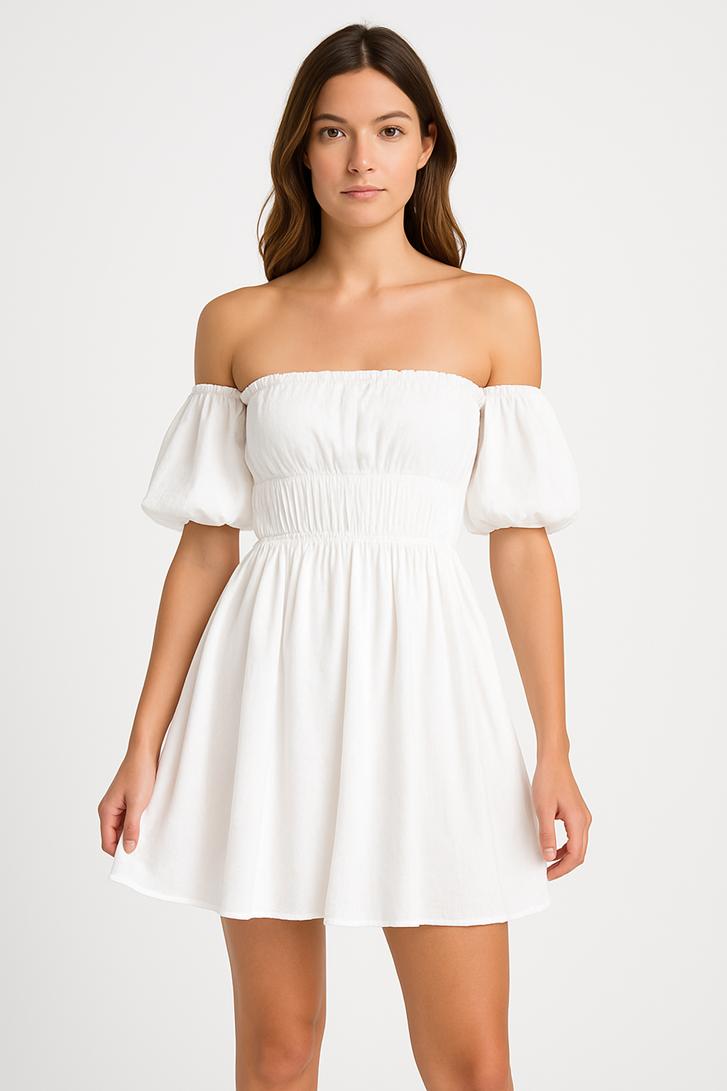 Women’s Mini Dress – Off-Shoulder – Puff Sleeve – A-Line Flare – Elastic Waist