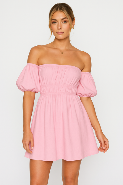 Women’s Mini Dress – Off-Shoulder – Puff Sleeve – A-Line Flare – Elastic Waist