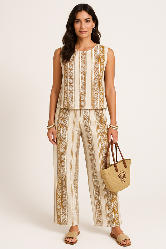 Women’s Two-Piece Set – Sleeveless Top and Wide-Leg Pants – Relaxed Fit – Geometric Print