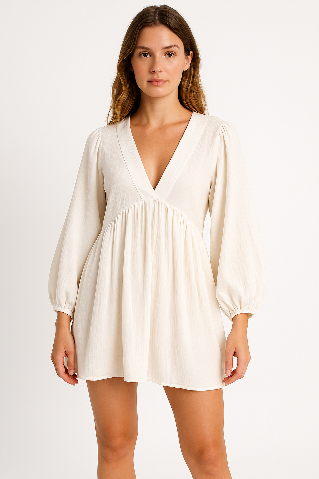 Women’s Mini Dress – Lightweight Sheer Fabric – V-Neck – Long Sleeve – Flowy Fit