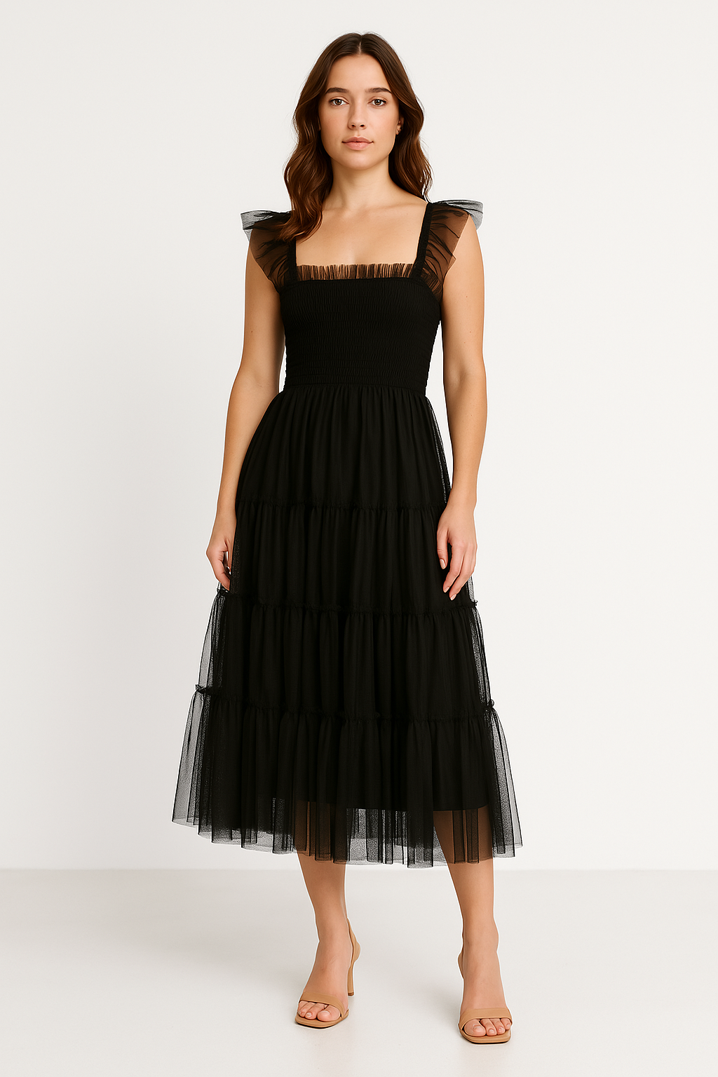 Women’s Long Dress – Smocked Bodice – Tiered Mesh Skirt – Ruffled Sleeveless Straps