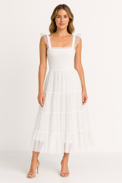 Women’s Long Dress – Smocked Bodice – Tiered Mesh Skirt – Ruffled Sleeveless Straps