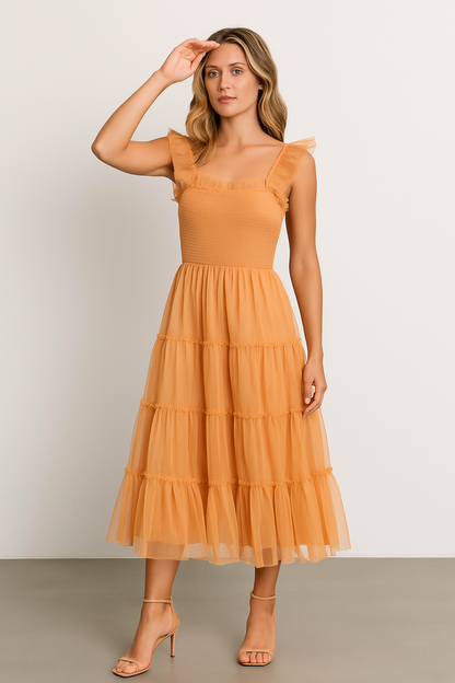 Women’s Long Dress – Smocked Bodice – Tiered Mesh Skirt – Ruffled Sleeveless Straps