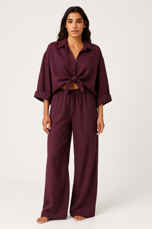 Women’s Two-Piece Set – Oversized Shirt with Knot – Wide Leg Pants – Cotton Blend