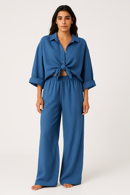 Women’s Two-Piece Set – Oversized Shirt with Knot – Wide Leg Pants – Cotton Blend