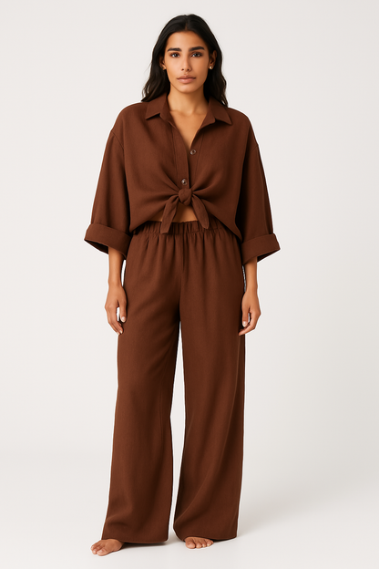 Women’s Two-Piece Set – Oversized Shirt with Knot – Wide Leg Pants – Cotton Blend