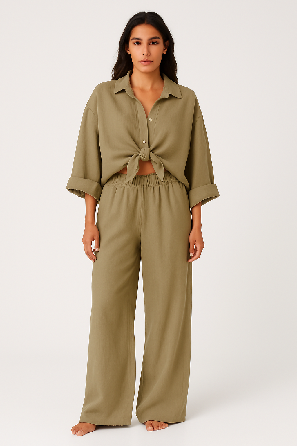 Women’s Two-Piece Set – Oversized Shirt with Knot – Wide Leg Pants – Cotton Blend
