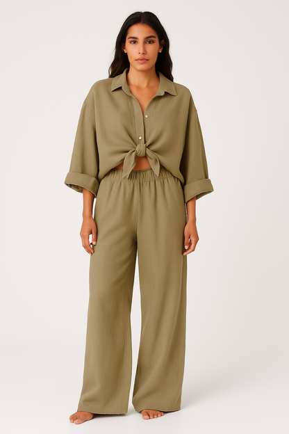 Women’s Two-Piece Set – Oversized Shirt with Knot – Wide Leg Pants – Cotton Blend