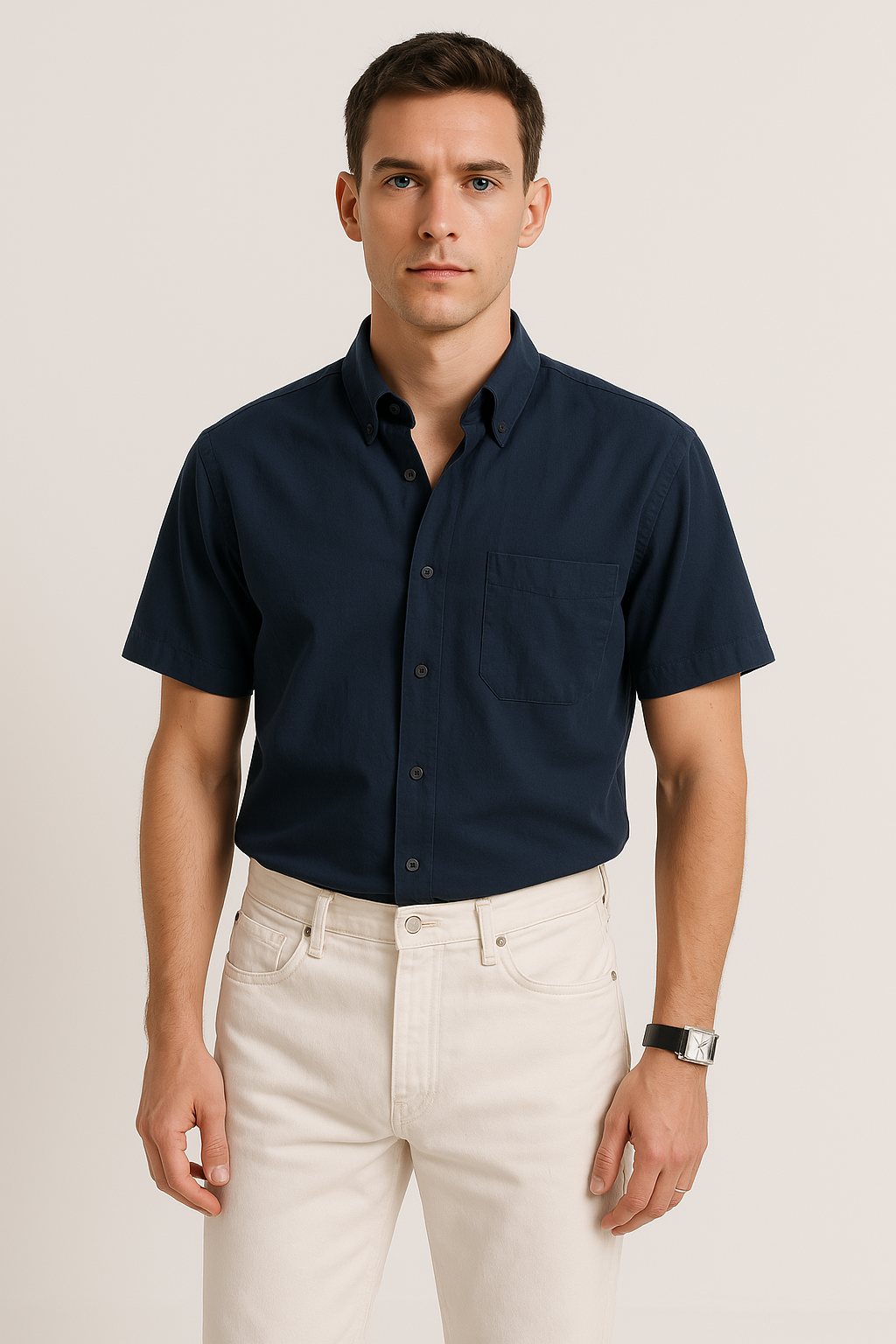 Men’s Button-Down Shirt – Lightweight Cotton – Relaxed Fit – Short Sleeve Casual Wear